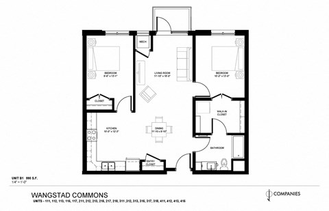 Floor plan for 2 beds, 1 bath, 990 sqft